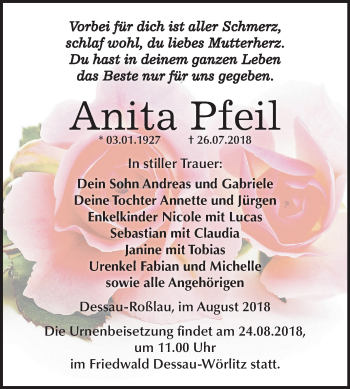 Traueranzeige von Anita Pfeil von Mitteldeutsche Zeitung Dessau-Roßlau