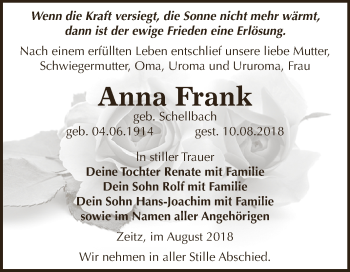 Traueranzeige von Anna Frank von Super Sonntag Zeitz