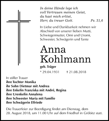 Traueranzeige von Anna Kohlmann von Mitteldeutsche Zeitung Weißenfels