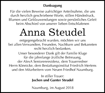 Traueranzeige von Anna Steudel von Mitteldeutsche Zeitung