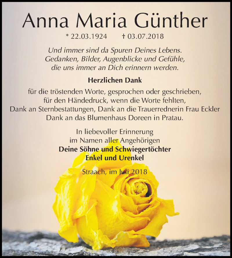  Traueranzeige für Anna Maria Günther vom 04.08.2018 aus Mitteldeutsche Zeitung