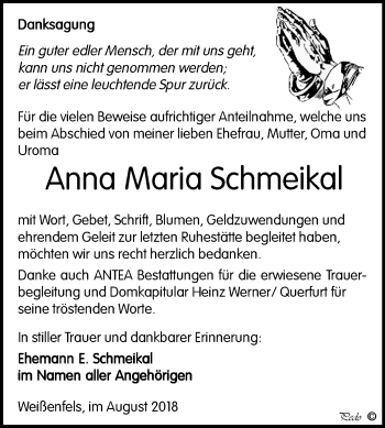 Traueranzeige von Anna Maria Schmeikal von Mitteldeutsche Zeitung Weißenfels