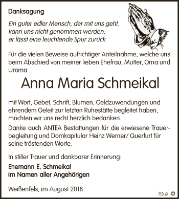 Traueranzeige von Anna Maria Schmeikal von WVG - Wochenspiegel NMB / WSF / ZTZ