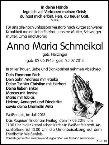Traueranzeige von Anna Maria Schmeikal von Mitteldeutsche Zeitung Weißenfels