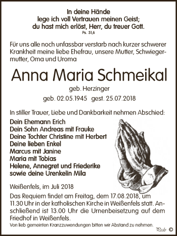 Traueranzeige von Anna Maria Schmeikal von WVG - Wochenspiegel NMB / WSF / ZTZ