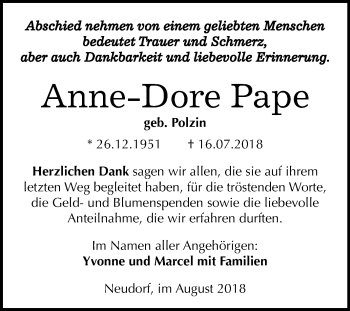 Traueranzeige von Anne-Dore Pape von Mitteldeutsche Zeitung