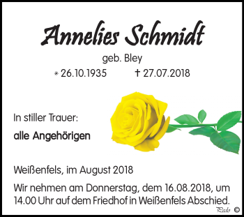 Traueranzeige von Annelies Schmidt von Mitteldeutsche Zeitung Weißenfels