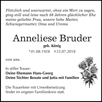 Traueranzeige von Anneliese Bruder von Mitteldeutsche Zeitung Bitterfeld
