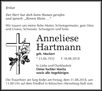 Traueranzeige von Anneliese Hartmann von Mitteldeutsche Zeitung