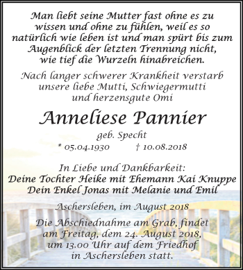 Traueranzeige von Anneliese Pannier von Mitteldeutsche Zeitung Aschersleben