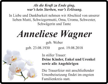 Traueranzeige von Anneliese Wagner von Mitteldeutsche Zeitung Quedlinburg