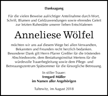 Traueranzeige von Anneliese Wölfel von Mitteldeutsche Zeitung
