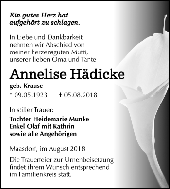 Traueranzeige von Annelise Hädicke von Mitteldeutsche Zeitung Köthen