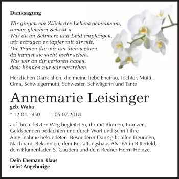 Traueranzeige von Annemarie Leisinger von WVG - Wochenspiegel Bitterfeld