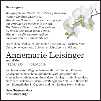 Traueranzeige von Annemarie Leisinger von Mitteldeutsche Zeitung Bitterfeld