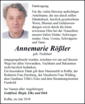 Traueranzeige von Annemarie Rößler von Mitteldeutsche Zeitung