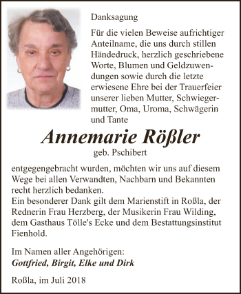 Traueranzeige von Annemarie Rößler von Super Sonntag SGH Mansf. Land