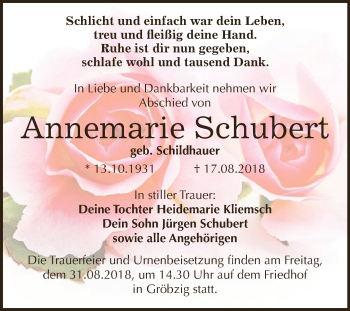 Traueranzeige von Annemarie Schubert von WVG - Wochenspiegel Dessau / Köthen