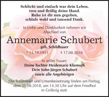 Traueranzeige von Annemarie Schubert von Mitteldeutsche Zeitung Köthen