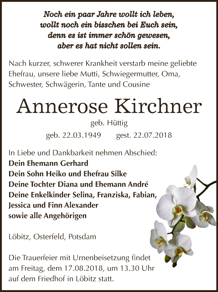  Traueranzeige für Annerose Kirchner vom 08.08.2018 aus WVG - Wochenspiegel NMB / WSF / ZTZ
