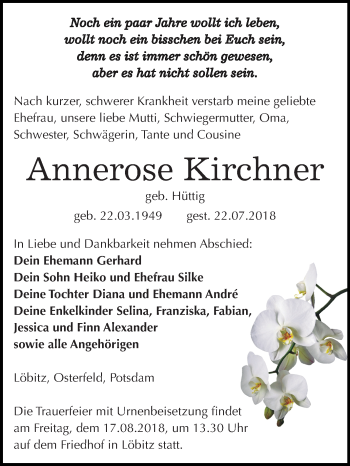 Traueranzeige von Annerose Kirchner von Mitteldeutsche Zeitung Zeitz