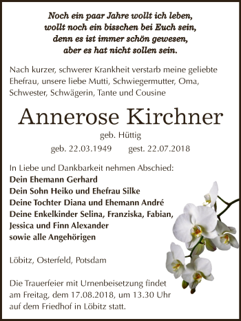 Traueranzeige von Annerose Kirchner von WVG - Wochenspiegel NMB / WSF / ZTZ