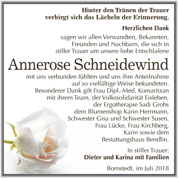 Traueranzeige von Annerose Schneidewind von Wochenspiegel Mansfelder Land