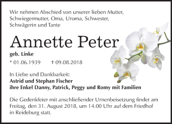 Traueranzeige von Annette Peter von Mitteldeutsche Zeitung Halle/Saalkreis