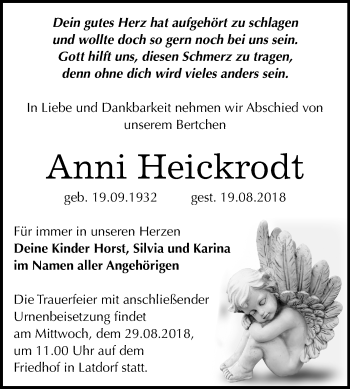 Traueranzeige von Anni Heickrodt von Mitteldeutsche Zeitung Bernburg