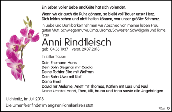 Traueranzeige von Anni Rindfleisch von Mitteldeutsche Zeitung Weißenfels