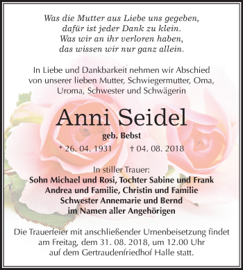 Traueranzeige von Anni Seidel von Mitteldeutsche Zeitung Halle/Saalkreis