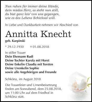 Traueranzeige von Annitta Knecht von Mitteldeutsche Zeitung