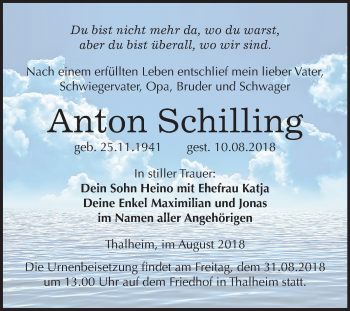 Traueranzeige von Anton Schilling von Mitteldeutsche Zeitung Bitterfeld