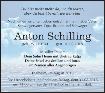 Traueranzeige von Anton Schilling von WVG - Wochenspiegel Bitterfeld