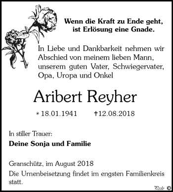 Traueranzeige von Aribert Reyher von Mitteldeutsche Zeitung Weißenfels