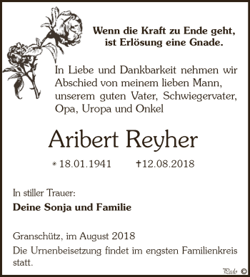 Traueranzeige von Aribert Reyher von WVG - Wochenspiegel NMB / WSF / ZTZ