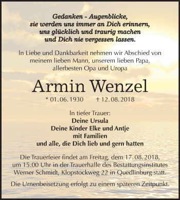 Traueranzeige von Armin Wenzel von Mitteldeutsche Zeitung Quedlinburg