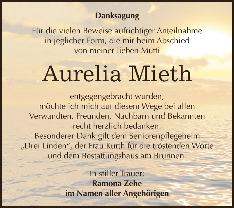  Traueranzeige für Aurelia Mieth vom 01.08.2018 aus Wochenspiegel Mansfelder Land
