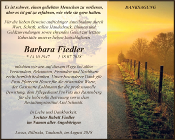 Traueranzeige von Barbara Fiedler von WVG - Wochenspiegel NMB / WSF / ZTZ