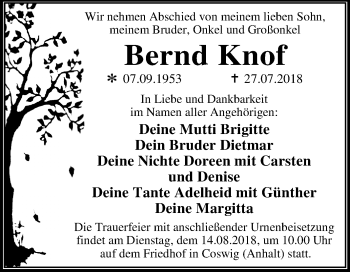 Traueranzeige von Bernd Knof von Mitteldeutsche Zeitung