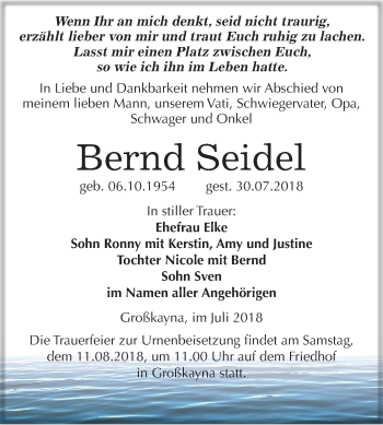 Traueranzeige von Bernd Seidel von Mitteldeutsche Zeitung Merseburg/Querfurt