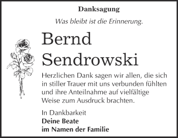 Traueranzeige von Bernd Sendrowski von WVG - Wochenspiegel Bitterfeld
