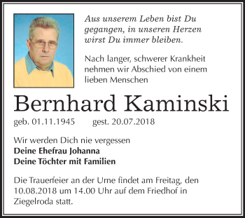 Traueranzeige von Bernhard Kaminski von Mitteldeutsche Zeitung Merseburg/Querfurt
