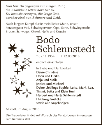 Traueranzeige von Bodo Schlennstedt von Super Sonntag SGH Mansf. Land
