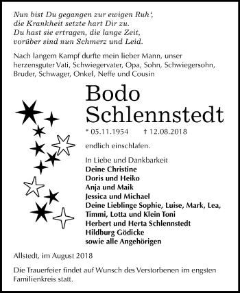 Traueranzeige von Bodo Schlennstedt von Mitteldeutsche Zeitung