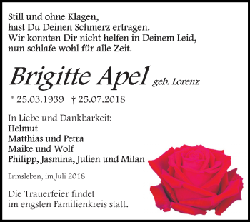 Traueranzeige von Brigitte Apel von Mitteldeutsche Zeitung Quedlinburg