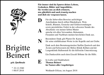 Traueranzeige von Brigitte Beinert von Mitteldeutsche Zeitung