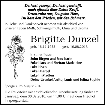 Traueranzeige von Brigitte Dunzel von Mitteldeutsche Zeitung Merseburg/Querfurt