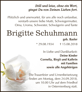 Traueranzeige von Brigitte Schuhmann von WVG - Wochenspiegel Dessau / Köthen
