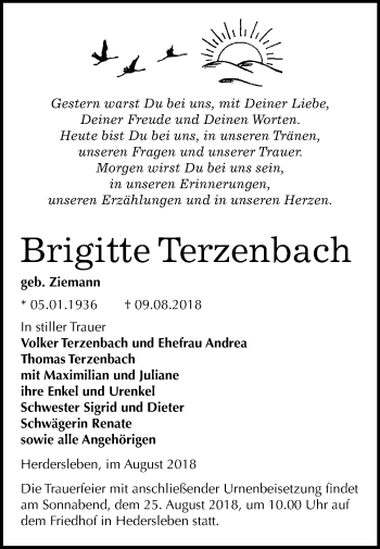 Traueranzeige von Brigitte Terzenbach von Mitteldeutsche Zeitung Quedlinburg